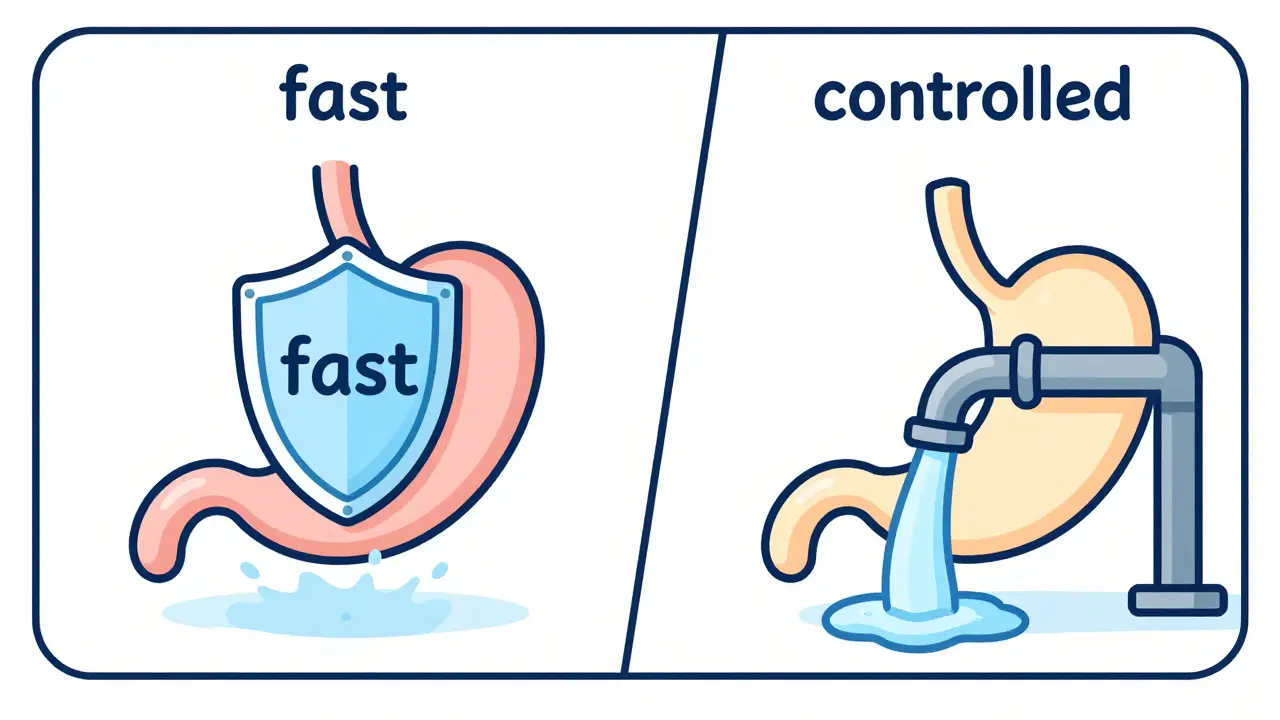 Conceptual illustration of acid neutralization and the reduction of stomach acid production.