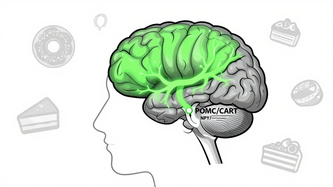 Illustration of the hypothalamus switching off hunger signals and removing food cravings