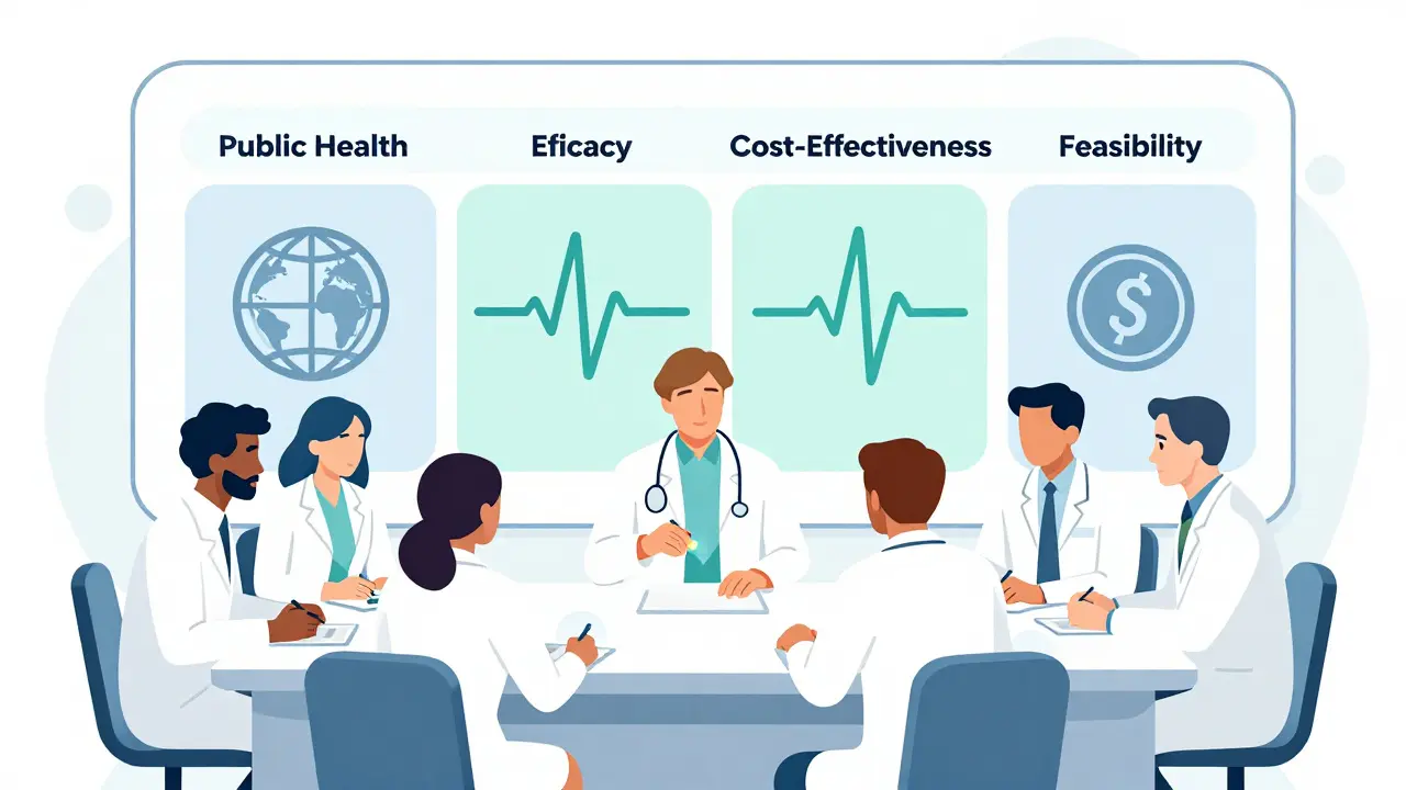 Medical experts evaluating a drug based on public health and efficacy criteria