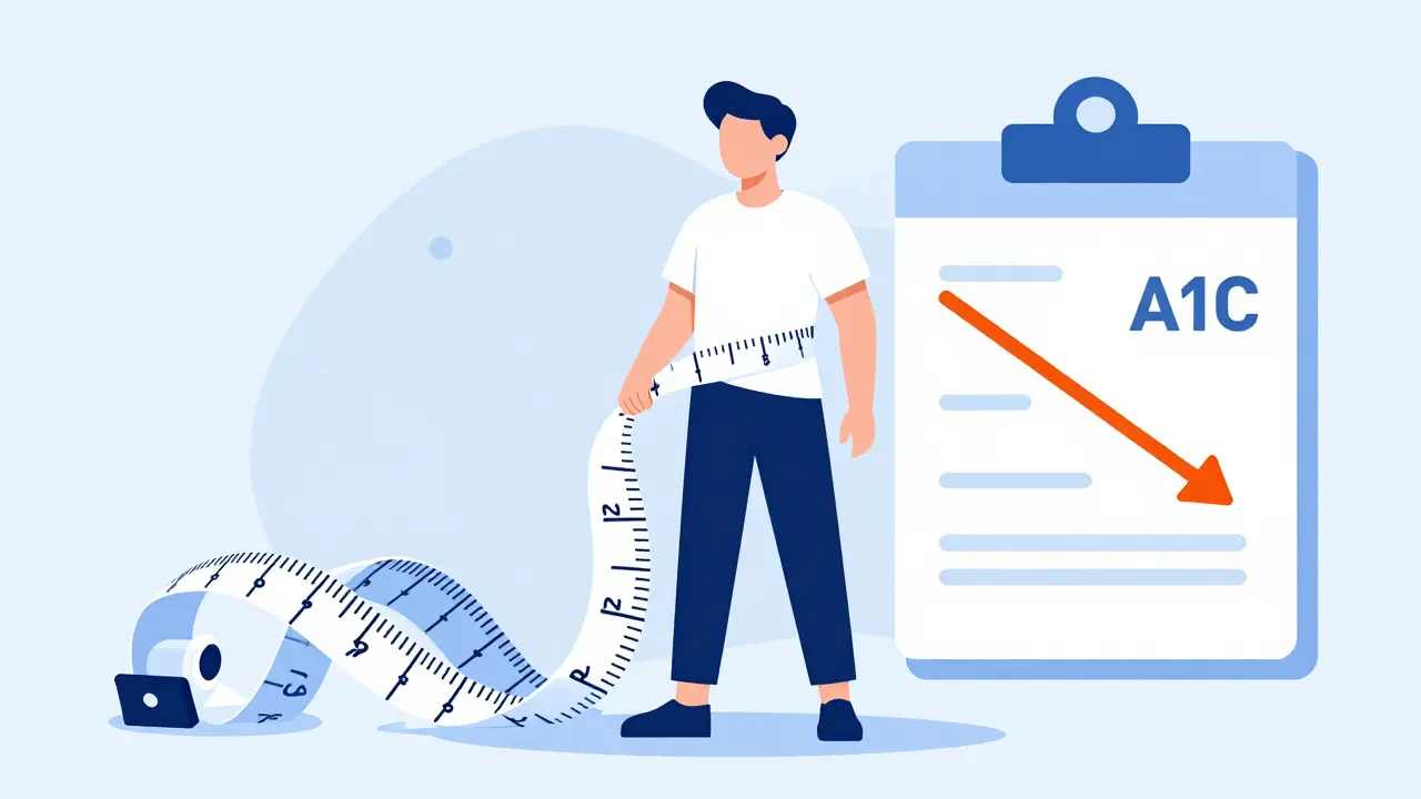 Person standing by a measuring tape with a declining medical graph showing lower A1C